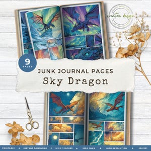 Draken Junk Journal Pagina's – Sky Element Fantasy Kit met Noorderlicht, Hemelse Kleuren & Printbare Digitale Ephemera Pakket – JJ100