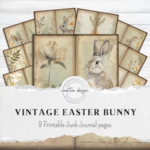 Può includere: Una collezione di nove pagine di diario spazzatura stampabili con un tema pasquale vintage. Le pagine presentano illustrazioni di conigli, fiori ed elementi botanici in colori tenui e smorzati. Il testo "VINTAGE EASTER BUNNY" e "9 Printable Junk Journal pages" sono visualizzati.