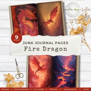Dragon Junk-dagboekpagina's – vurig rood fantasiepakket met lava, kristallen en afdrukbare ephemera, vuurelement junk-dagboekkit – JJ106