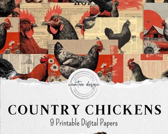 Printable Junk Journal Ephemera Chickens – Farmhouse Digital Paper Kit with Red Gingham, Vintage, Rustic Collage Hen Art, Eggs  – DP031