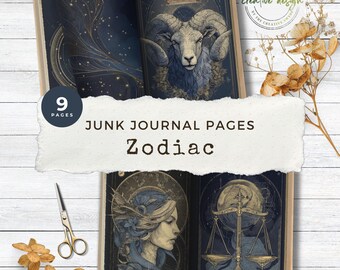 Digitale Papiere zum Thema Sternenhimmel, Seiten für das Sternzeichen-Junk-Journal, Himmels-Druckvorlagen-Set, Zwölf astrologische Sternzeichen – JJ091