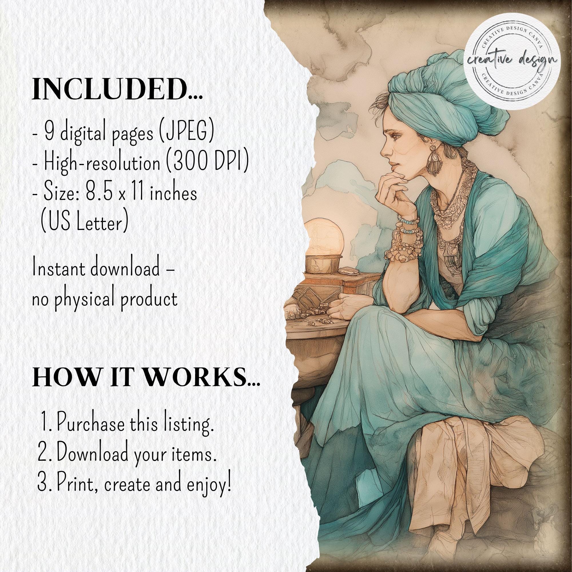 Fortune Teller Junk Journal Kit Ocean Witch Printable Pages, Mystic Sea ...