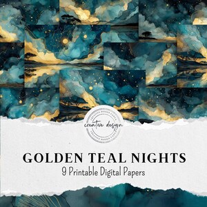 Könnte beinhalten: Eine Sammlung von neun digitalen Papieren mit einem Aquarelldesign. Die Papiere zeigen eine teal- und goldfarbene Farbpalette mit einem Nachthimmel-Thema. Der Text "GOLDEN TEAL NIGHTS" und "9 Printable Digital Papers" wird angezeigt.