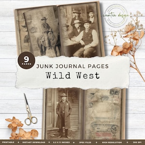Wild West Junk Journal Pages, Tea Dyed Digital Paper, Cowboy & Horses Ephemera, Vintage Western Art, Printable Photos Old West Kit  – JJ083