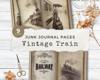 Travel Junk Journal Kit, Printable Ephemera, Vintage Tags & Junk Journal Train Station, Railway Paper, Steam Locomotive Pages  – JJ104