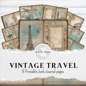 Kit de carnet de voyage, éphémères imprimables avec cartes et points de repère - Arrière-plans grunge pour scrapbooking, agenda ou livre de souvenirs - JJ092