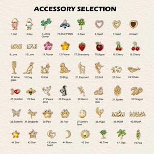 Könnte beinhalten: Eine Auswahl an kleinen, goldfarbenen Charms und Anhängern, darunter Herzen, Blumen, Tiere und andere Formen. Der Text "ACCESSORY SELECTION" steht oben. Jeder Charm ist nummeriert.