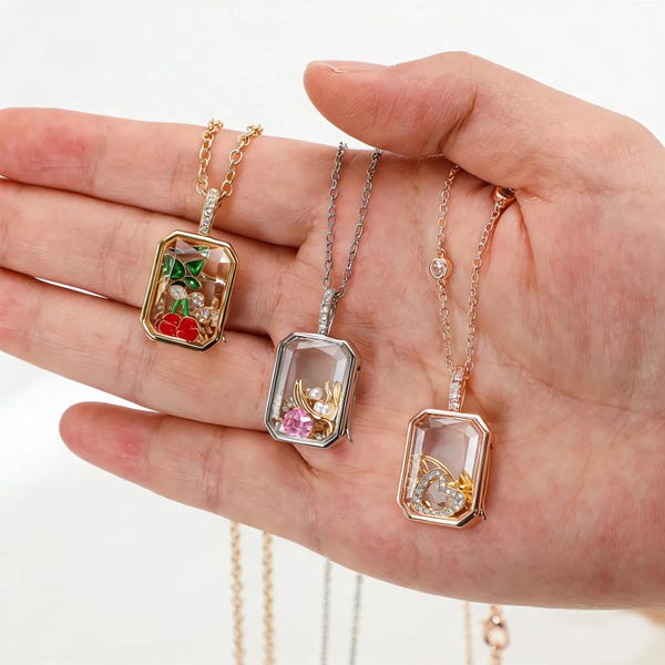 DIY Glass Floating Locket Necklace, 18K Gold Plated Memory Box – Bridesmaid Gift, Christmas Present, Birthday Keepsake Jewelry