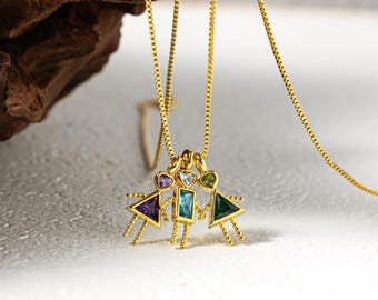 Birthstone Family Necklace, 18K Gold-Plated Boy & Girl Charm