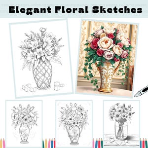 Elegant Floral Sketches – Beautiful Flower Coloring Book for Adults, Relaxing Botanical Art, Instant Download, Printable PDF File