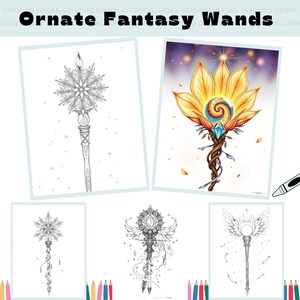 Ornate Fantasy Wand Coloring Pages - Adult And Kids Coloring Book Instant Download, Printable PDF File