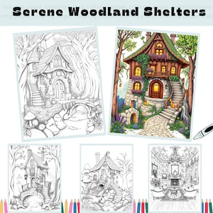 Serene Woodland Shelters Coloring Pages - Adult And Kids Coloring Book Instant Download, Printable PDF File