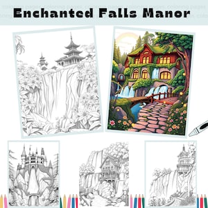 Enchanted Falls Manor Coloring Pages - Adult And Kids Coloring Book Instant Download, Printable PDF File
