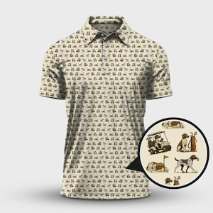 Puede incluir: Un polo beige de manga corta con un estampado repetido de perros e ilustraciones relacionadas con el golf en marrón. La camisa tiene cuello y cierre de botones. Una incrustación circular muestra ilustraciones detalladas de golf y perros.