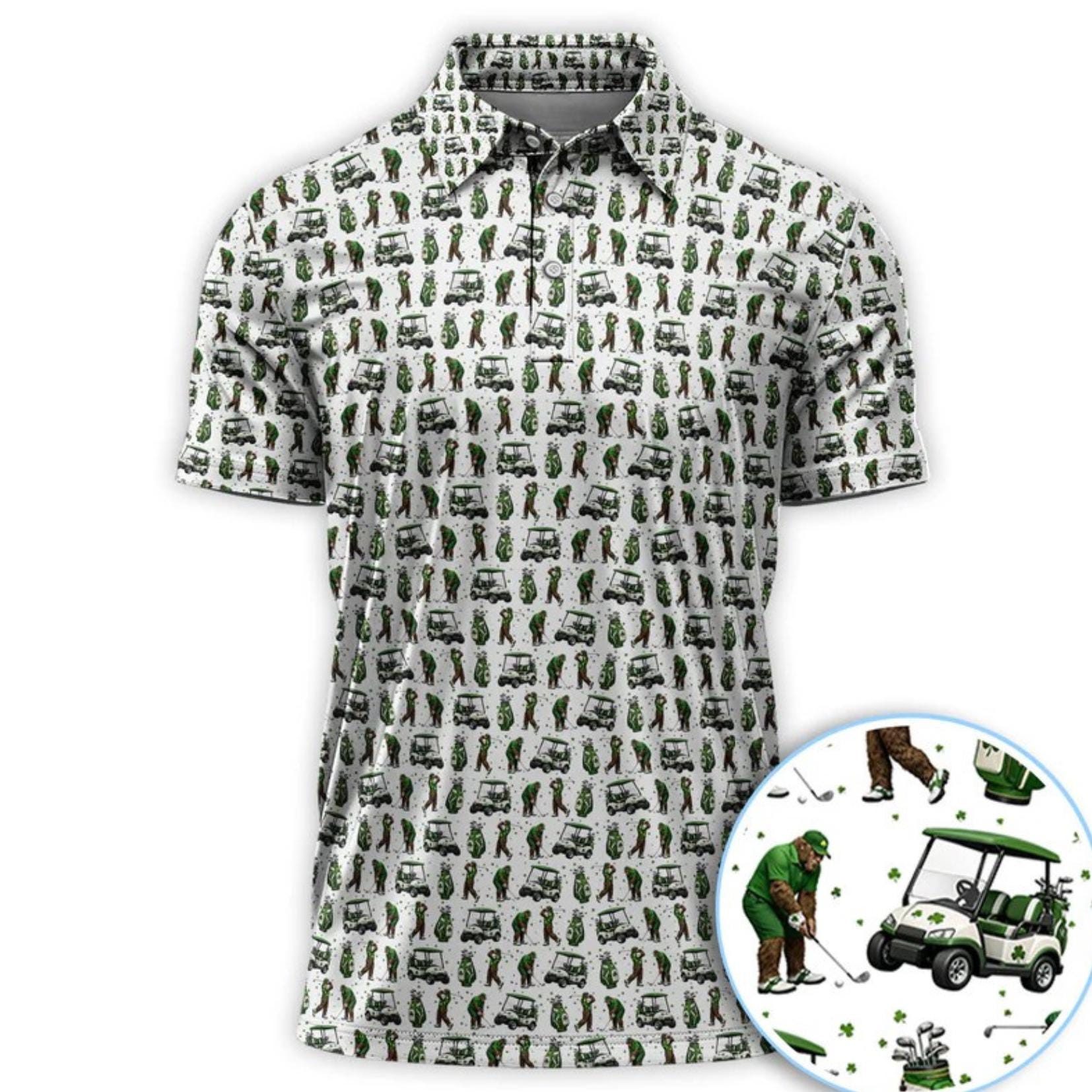 Discover Bigfoot Golf St. Patricks Day Pattern Golf Polos, Sasquatch Golf Shirt For Golfer, Crazy Men's Golf Gift