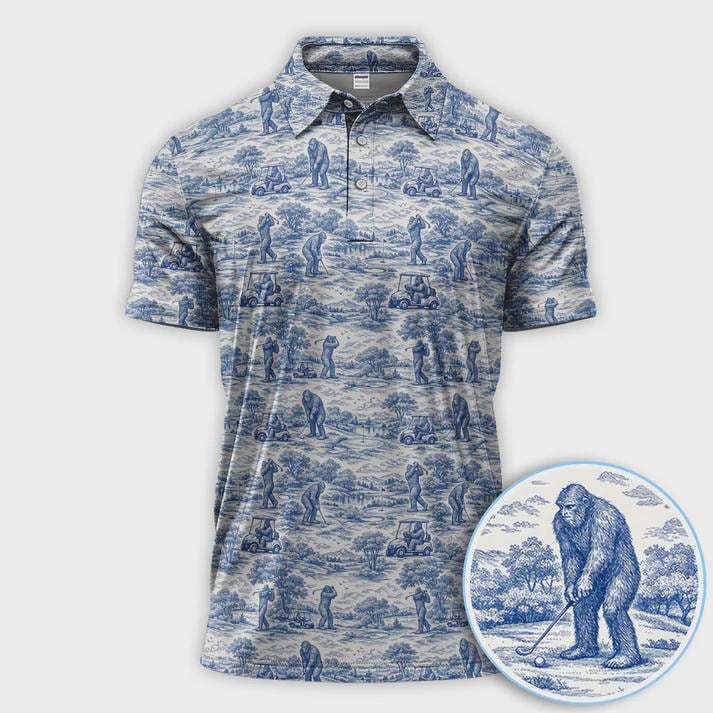 Discover Funny Bigfoot Golf Polo, Sasquatch Toile De Jouy Pattern Golf Shirt, Best Gift or Men