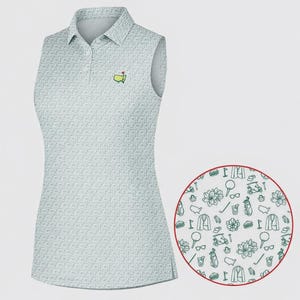 May include: Sleeveless golf polo shirt in a light green and white pattern. The shirt features a collared neckline, a three-button placket, and a small green logo. A circular inset shows a repeating golf-themed pattern.