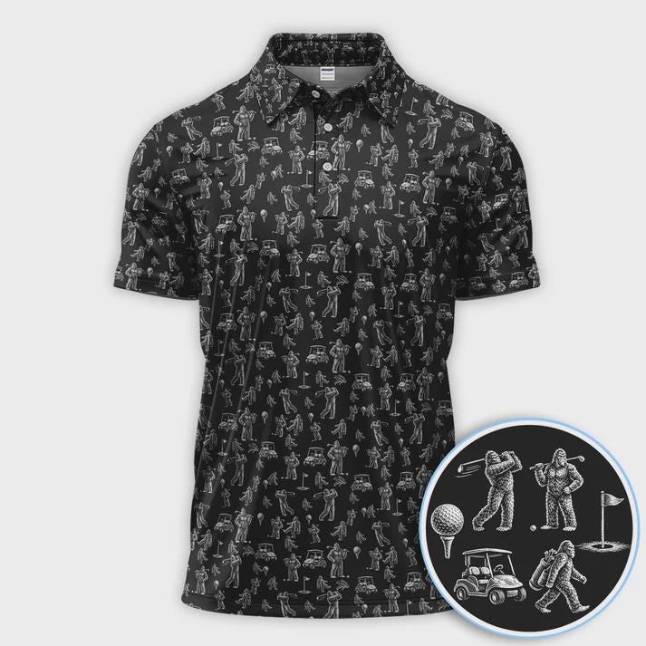 Discover Bigfoot Pattern Golf Polo Shirt, Crazy Bigfoot Playing Golf Shirt, Funny Pattern Golf Apparel, Men Golf Gift