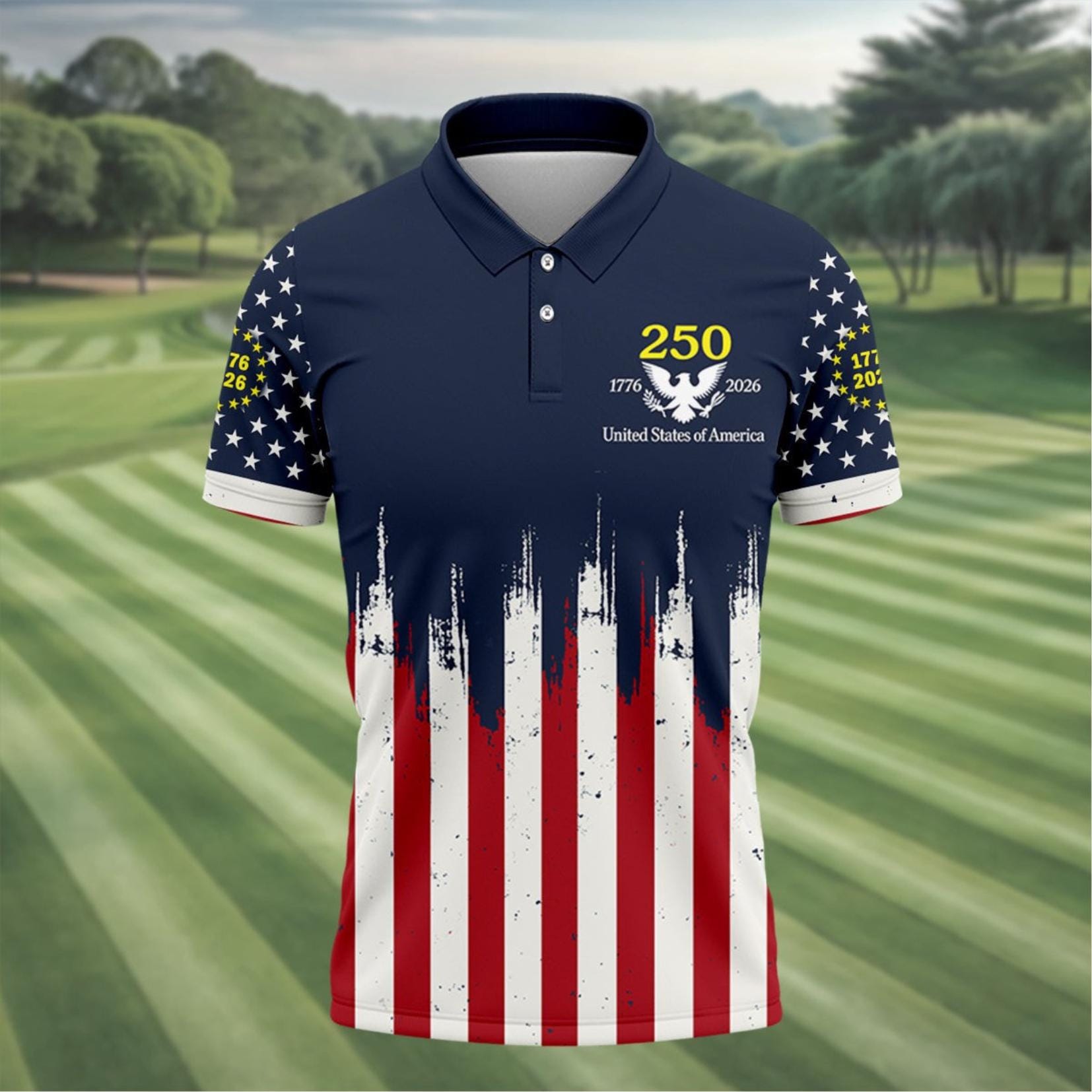 Discover America 250 Polo Shirt Patriotic Red White Blue Flag Golf Shirt