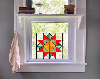 Stained Glass Barn Quilt Geometric / Handmade Multi Color Suncatcher Orange Blue Yellow Gray Amber Window Panel 16 x 16 16" x 16"