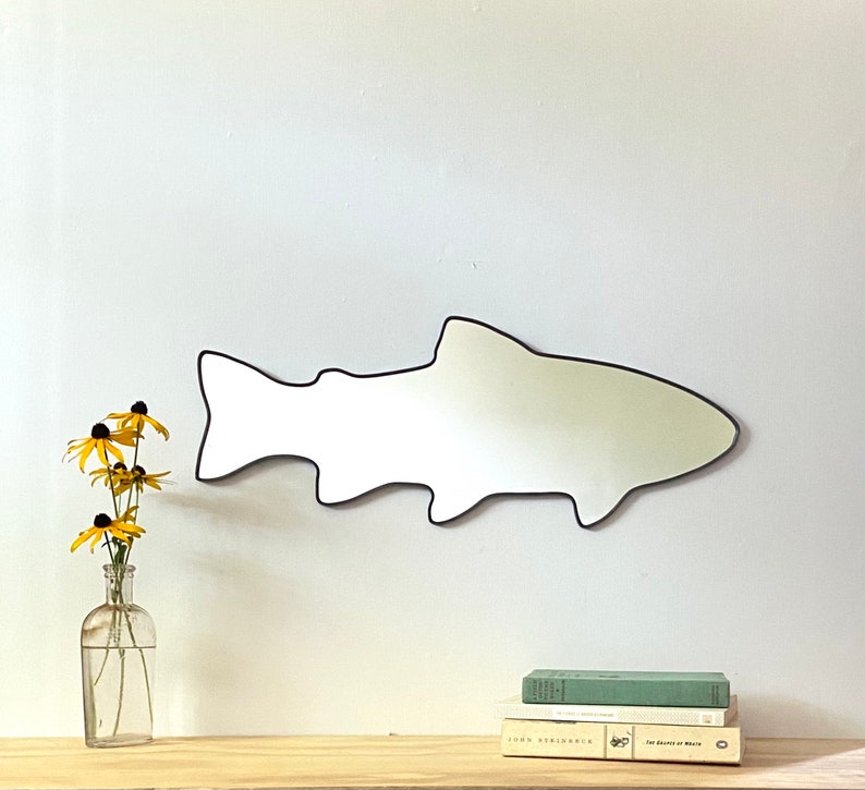 Trout Mirror / Handmade Wall Mirror Art Shape Outline Decor Miroir Rainbow Brook Brown Cutthroat Trout Fly Fishing Angling Angler image 2