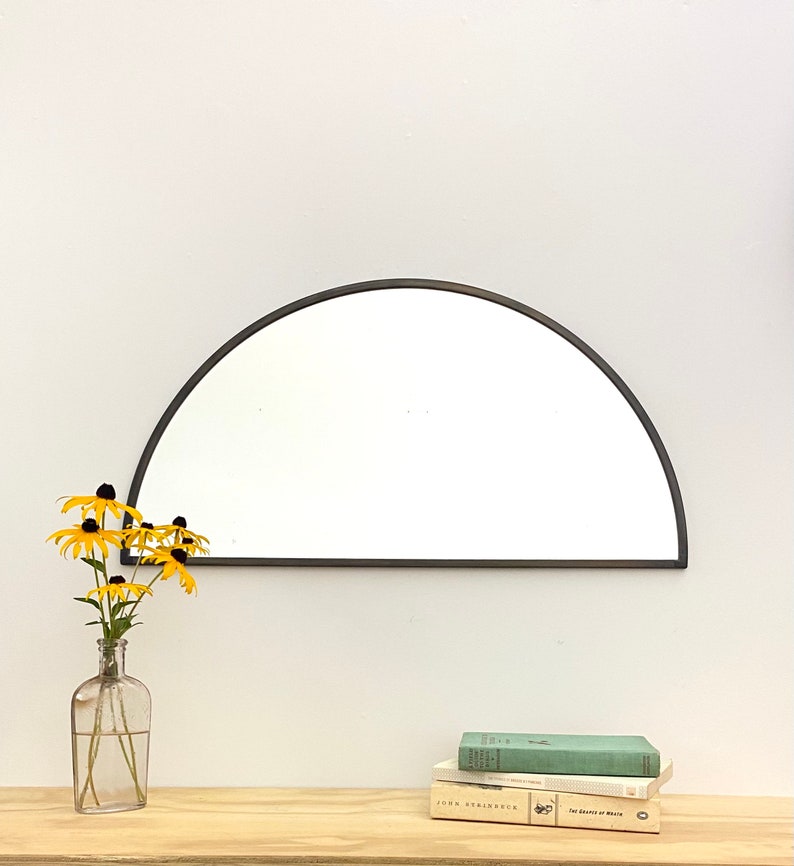 Half Circle Mirror Gray Border Handmade Wall Mirror Round Mirror Oval Modern Grey Metal Frame Flux Glass Etsy TV Television Commercial image 2