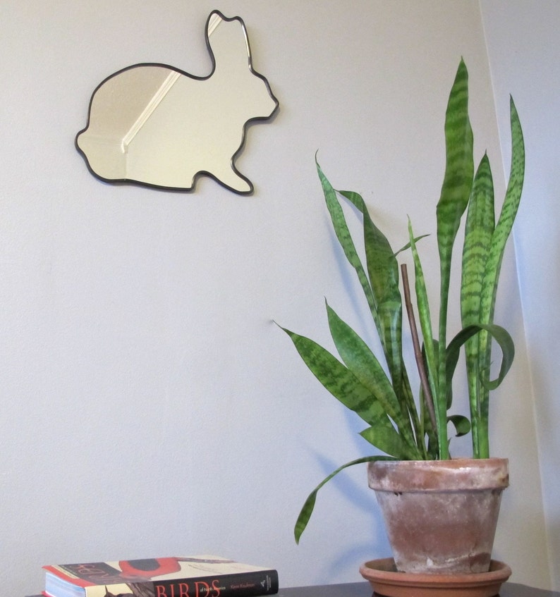 Puede incluir: Un espejo con forma de conejo blanco cuelga de una pared azul claro. Una planta serpiente en maceta con hojas verdes y amarillas rayadas se encuentra sobre una mesa frente al espejo. La planta est&aacute; en una maceta de terracota marr&oacute;n. Un libro titulado "Birds" est&aacute; sobre la mesa.