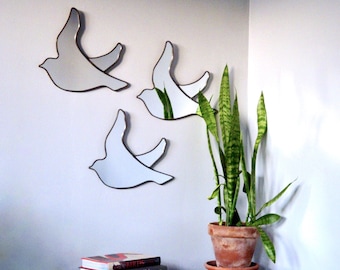 Bird Mirrors Trio of / Handmade Wall Mirrors Set Of Three 3 Art Shape Flock Miroir