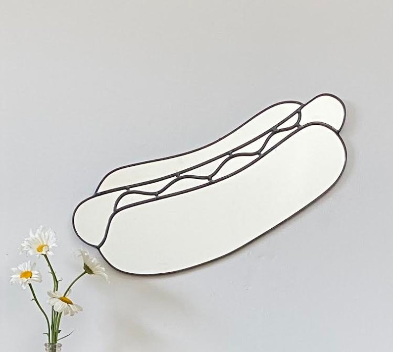 Hot Dog Wandspiegel Handgemaakte Hotdog Handgemaakte Spiegel Vormvormige Weiner Wall Art Chicago Dog Carolina Style Loodglas afbeelding 3