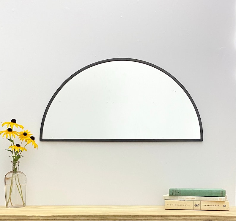 Half Circle Mirror Gray Border Handmade Wall Mirror Round Mirror Oval Modern Grey Metal Frame Flux Glass Etsy TV Television Commercial image 4