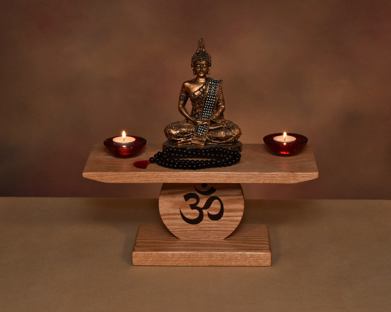 Oak pedestal that can be added to enhance your meditation altar. This pedestal features an OM symbol.