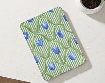 Green Stripes Floral iPad Case with Pencil Holder Cover for iPad 11/10/9/8 Gen Air 7/6/5/4 iPad 13" 11" 10.9" Pro 12.9 Inch iPad Mini 6/7