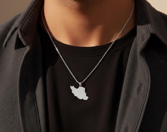 Collier en argent pour homme carte de l'Iran | Expédition le même jour | Collier persan imperméable | Cadeau persan pour lui