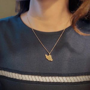 Peut inclure: Un collier dor&eacute; avec un pendentif en forme de la carte de l'Iran. Le pendentif est suspendu &agrave; une fine cha&icirc;ne. Le collier est port&eacute; sur un haut bleu fonc&eacute;.
