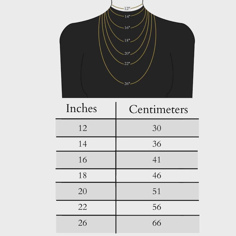 Peut inclure: Un guide visuel pr&eacute;sentant les longueurs de colliers. Des cha&icirc;nes dor&eacute;es de diff&eacute;rentes longueurs, de 30 cm &agrave; 66 cm, sont pr&eacute;sent&eacute;es sur un mannequin noir. Un tableau convertit les pouces en centim&egrave;tres.