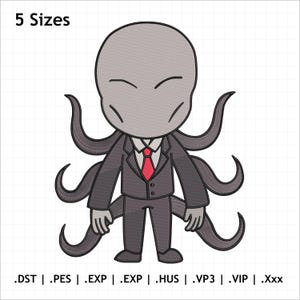 May include: An embroidery design featuring a faceless character with a light gray head, wearing a dark gray suit and a bright red tie. The character has multiple dark gray tentacles extending from its back. Text reads 5 Sizes and file formats .DST, .PES, .EXP, .HUS, .VP3, .VIP, .Xxx.