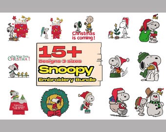 Desenhos de bordado de Natal, Desenhos de bordado de cães de Natal, Pacote de arquivos de máquina de bordado do Snoopy de Natal. Mais de 50 designs, 3 tamanhos