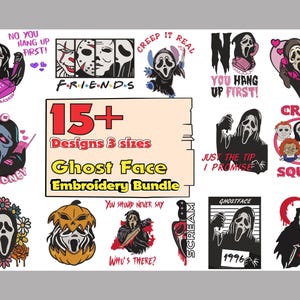 Könnte beinhalten: Eine Sammlung von über 15 Stickmustern mit Ghostface aus der Scream-Filmreihe. Die Designs beinhalten verschiedene Posen und Sprüche aus dem Film, wie "Nein, du legst zuerst auf!" und "Nur die Spitze, versprochen".