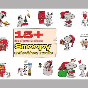 以下が含まれることがあります： スヌーピーとチャーリー・ブラウンのピーナッツのキャラクターがクリスマスを祝う、15種類以上の刺繍デザインのコレクション。デザインは3つのサイズからお選びいただけます。画像には、スヌーピーが自分のドッグハウスを飾ったり、チャーリー・ブラウンがクリスマスツリーを持っていたり、ピーナッツの仲間たちがクリスマスツリーの周りに集まっているなど、さまざまなシーンが含まれています。