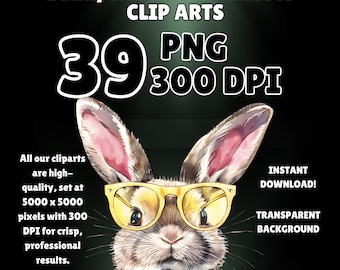39 imágenes prediseñadas de conejitos en formato PNG, lindo conejo con gafas, sublimación de Pascua, descarga digital de alta resolución, con uso comercial para impresión bajo demanda o revistas.