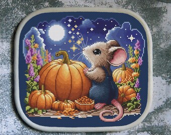 Animals Cross Stitch Pattern Halloween Mouse with Pumpkins Download PDF