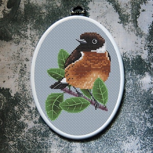 May include: Oval-shaped cross-stitch embroidery of a bird perched on a branch with green leaves. The bird has brown, orange, and white plumage. The embroidery is set against a light gray background within a white frame.