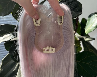 Light Silver Human Hair Topper, Ultra HD Swiss Lace Base, 4.3"x3.2"