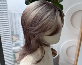 Aschebraun Ombre Wolf Cut Perücke, Layered Shag mittlere Länge Synthetische Spitzefront