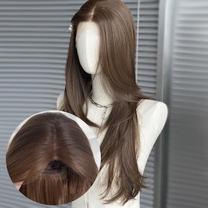 Bruine vezelpruik op hoge temperatuur, pony, lijmvrij, 16 inch