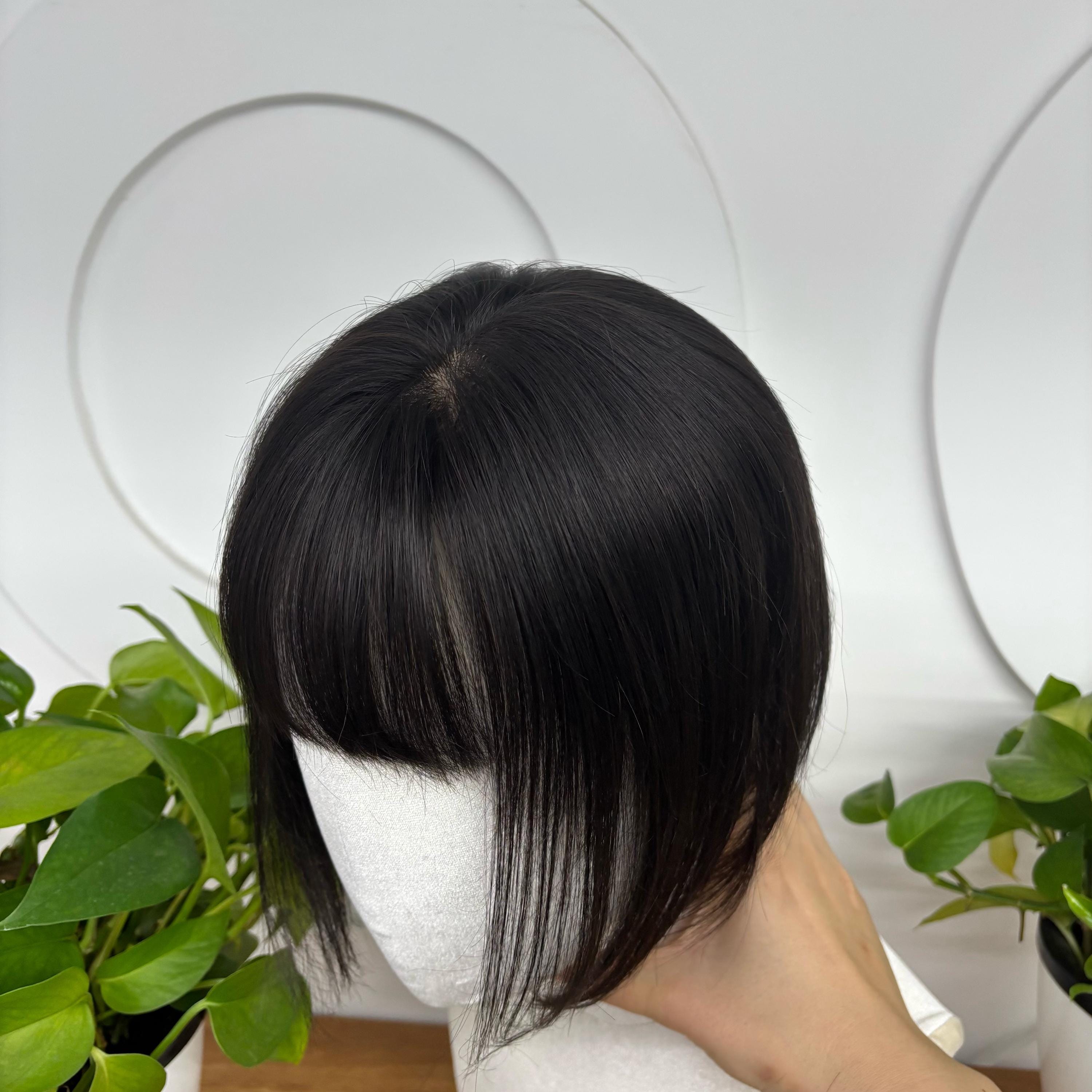 Human Hair Topper with Bangs for Thinning Hair, Silk Base, 5.1x2.7 Inch Amazon.com : Rich Choices 100% Remy Human Hair Topper for  main image 4