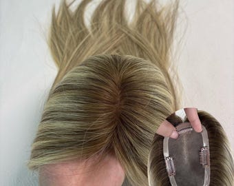 Blonde Balayage Human Hair Topper: MONO Base with PU Edges, 3x5-inch, Two Styles