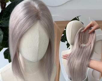 Light Silver Human Hair Topper, Breathable MONO Lace Base, 4x6"