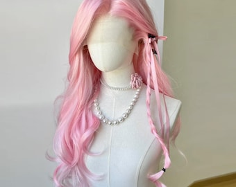 13x3.5cm Adjustable Lace Front Synthetic Wig – Pastel Pink Loose Waves with Hand-Tied 3D Roots & Scalp-like Monofilament Top for Playful