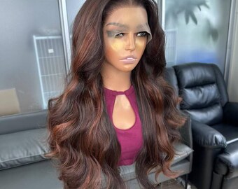 Long Wavy Ombre Brown Lace Front Wig Dark to Auburn Gradient, Silky Synthetic Fibers for Natural Body Wavy